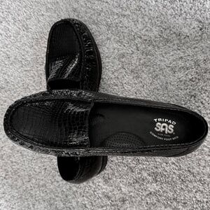 SAS black croc patent slip-on moccasin loafer.
